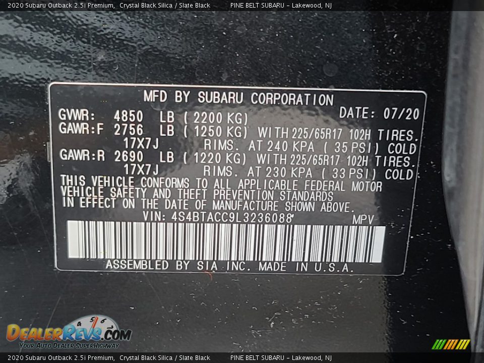 2020 Subaru Outback 2.5i Premium Crystal Black Silica / Slate Black Photo #36