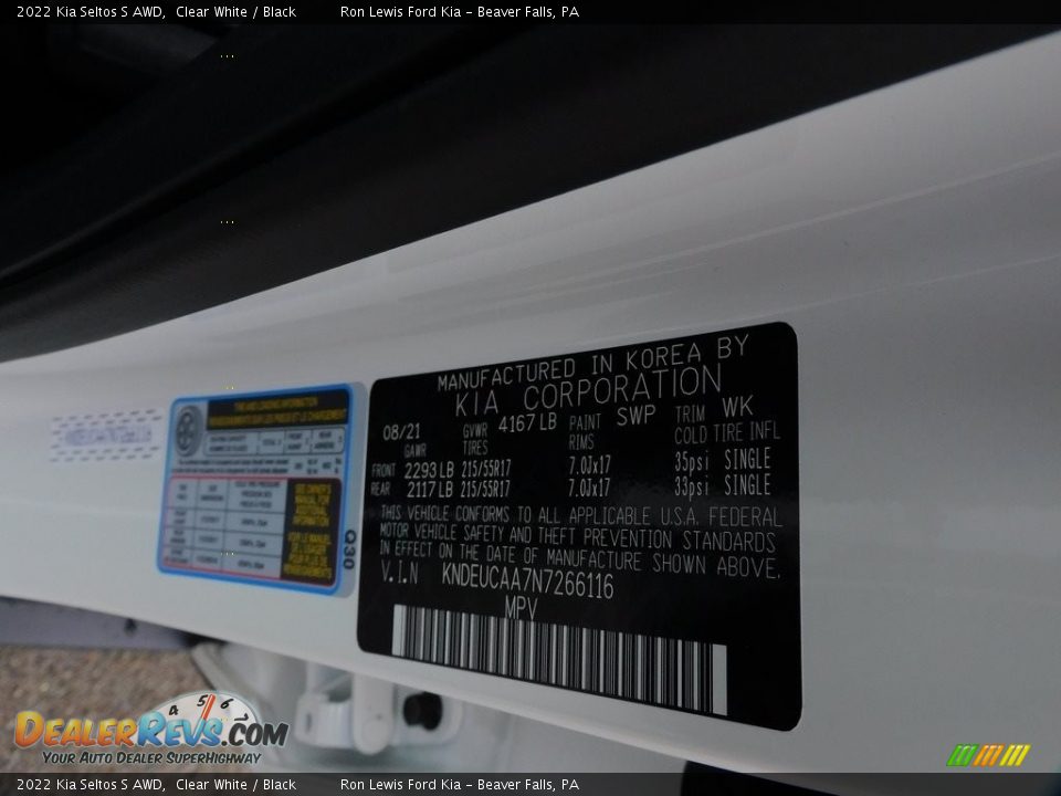2022 Kia Seltos S AWD Clear White / Black Photo #20