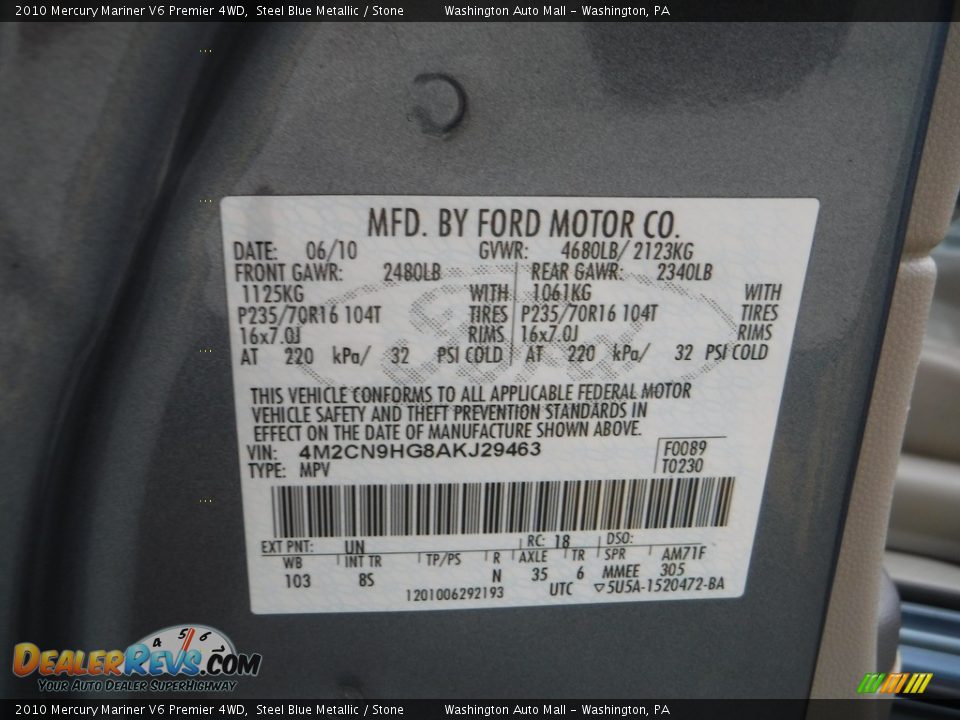 2010 Mercury Mariner V6 Premier 4WD Steel Blue Metallic / Stone Photo #29