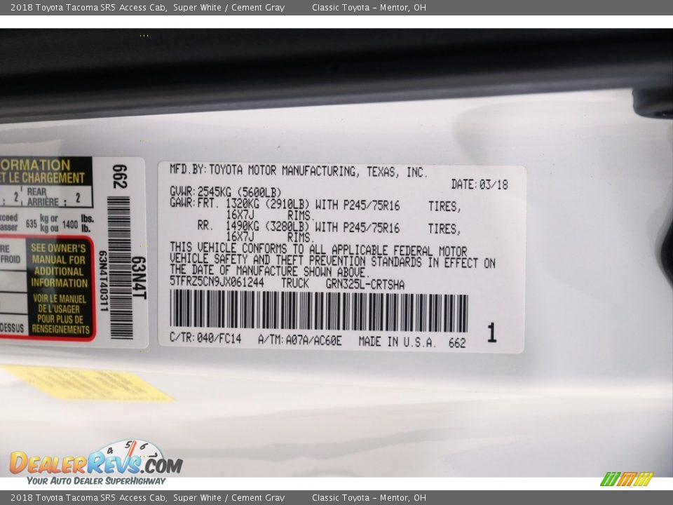 2018 Toyota Tacoma SR5 Access Cab Super White / Cement Gray Photo #20
