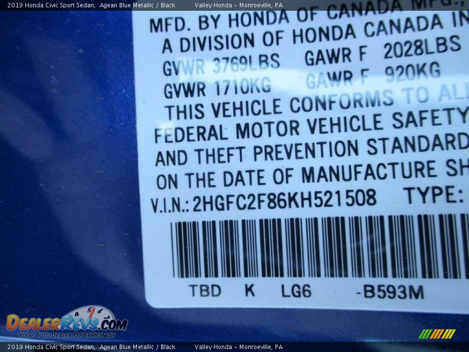 2019 Honda Civic Sport Sedan Agean Blue Metallic / Black Photo #19