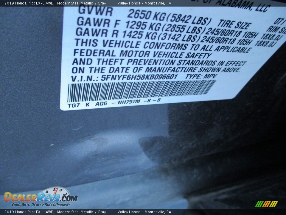 2019 Honda Pilot EX-L AWD Modern Steel Metallic / Gray Photo #19