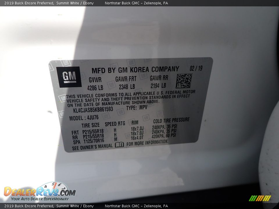 2019 Buick Encore Preferred Summit White / Ebony Photo #15
