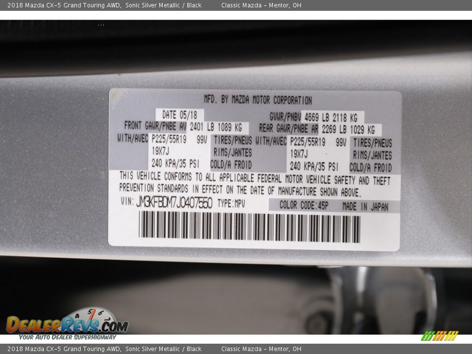 2018 Mazda CX-5 Grand Touring AWD Sonic Silver Metallic / Black Photo #20