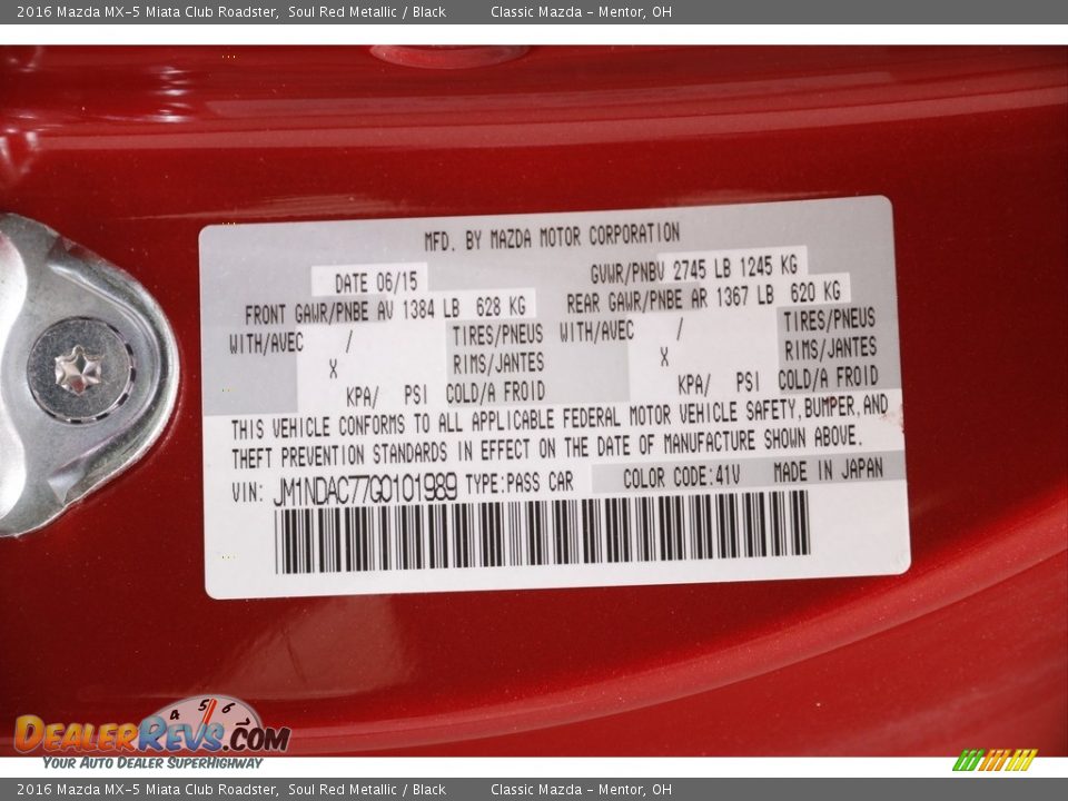 2016 Mazda MX-5 Miata Club Roadster Soul Red Metallic / Black Photo #20