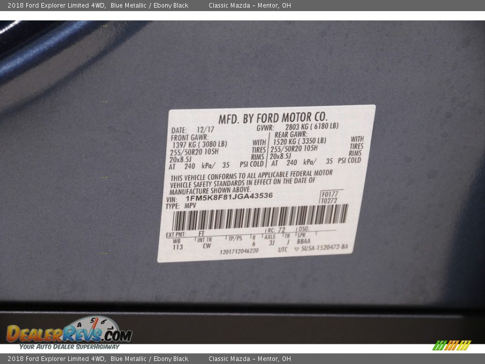 2018 Ford Explorer Limited 4WD Blue Metallic / Ebony Black Photo #22