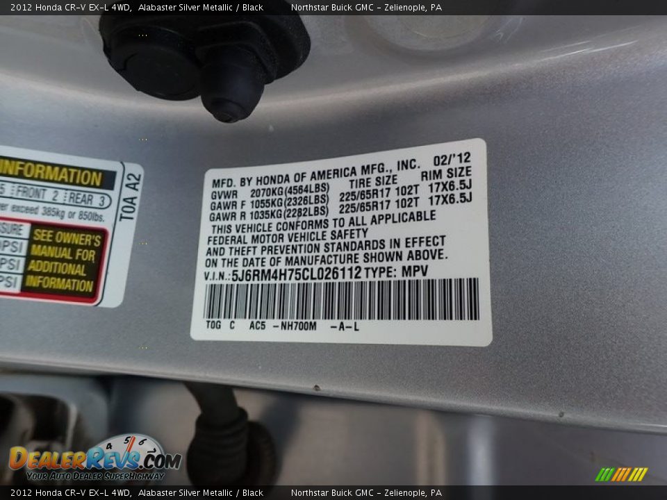 2012 Honda CR-V EX-L 4WD Alabaster Silver Metallic / Black Photo #15