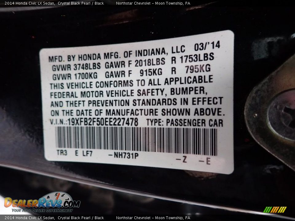 2014 Honda Civic LX Sedan Crystal Black Pearl / Black Photo #28