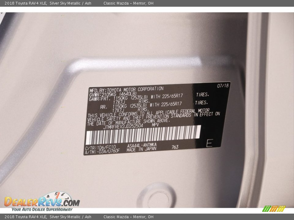 2018 Toyota RAV4 XLE Silver Sky Metallic / Ash Photo #19