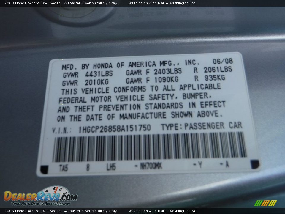 2008 Honda Accord EX-L Sedan Alabaster Silver Metallic / Gray Photo #29