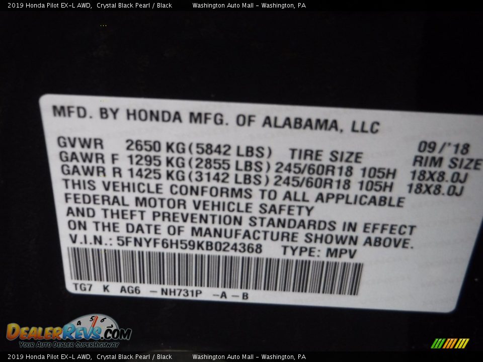 2019 Honda Pilot EX-L AWD Crystal Black Pearl / Black Photo #34