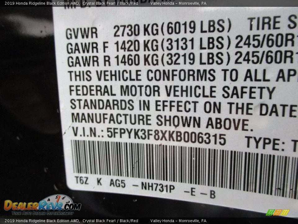 2019 Honda Ridgeline Black Edition AWD Crystal Black Pearl / Black/Red Photo #19