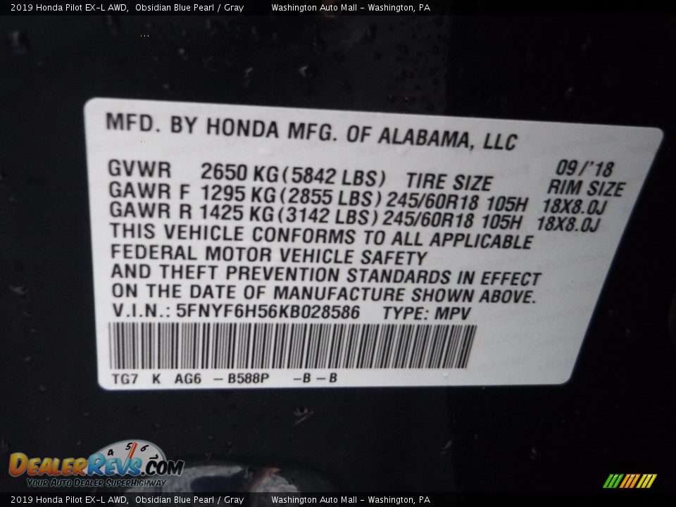 2019 Honda Pilot EX-L AWD Obsidian Blue Pearl / Gray Photo #33
