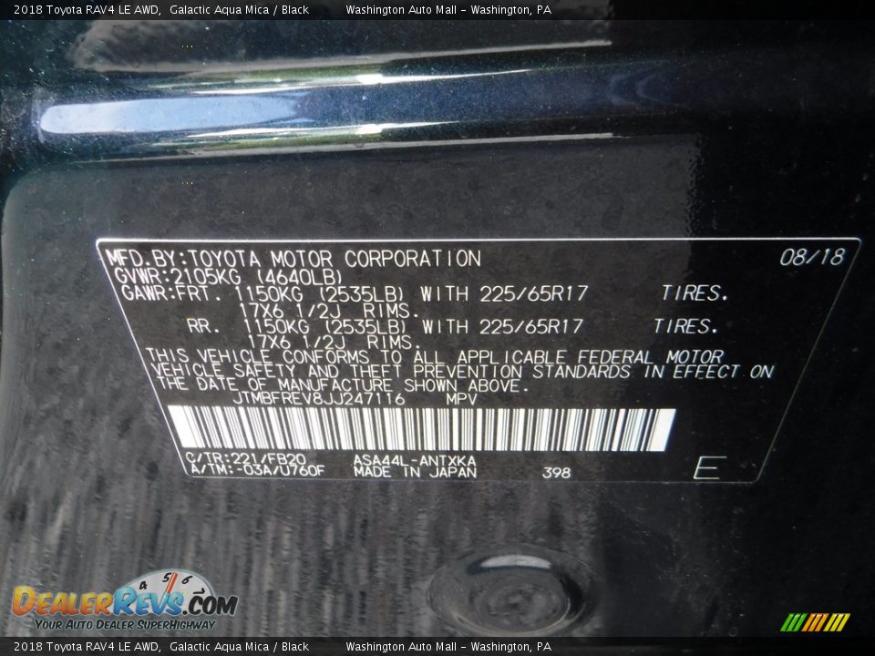 2018 Toyota RAV4 LE AWD Galactic Aqua Mica / Black Photo #27