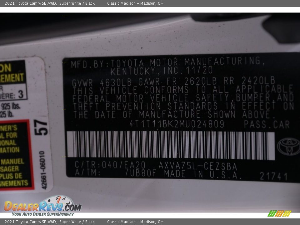 2021 Toyota Camry SE AWD Super White / Black Photo #19