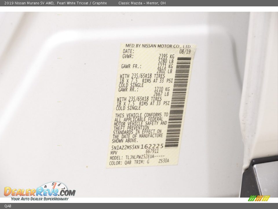 Nissan Color Code QAB Pearl White Tricoat