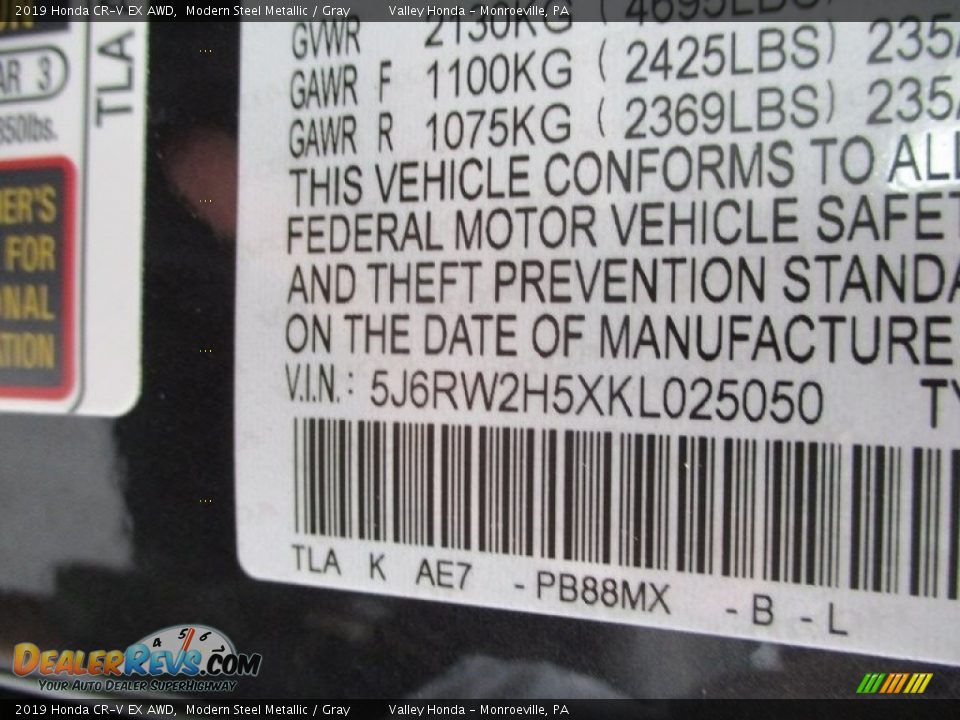 2019 Honda CR-V EX AWD Modern Steel Metallic / Gray Photo #19