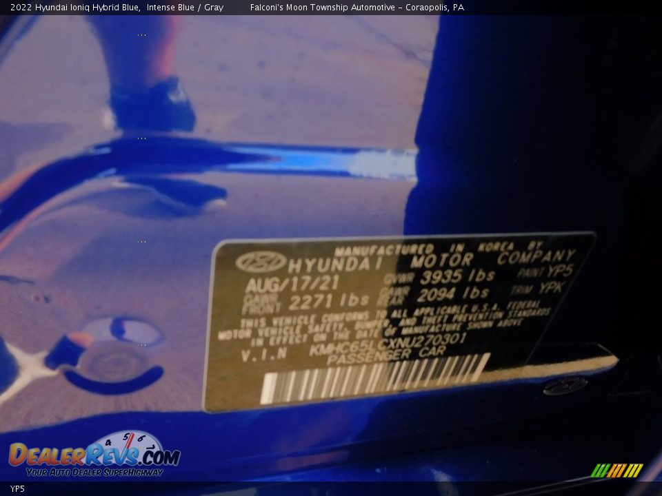 Hyundai Color Code YP5 Intense Blue