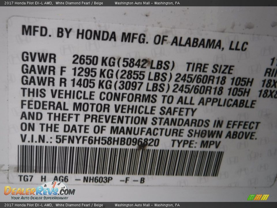 2017 Honda Pilot EX-L AWD White Diamond Pearl / Beige Photo #29