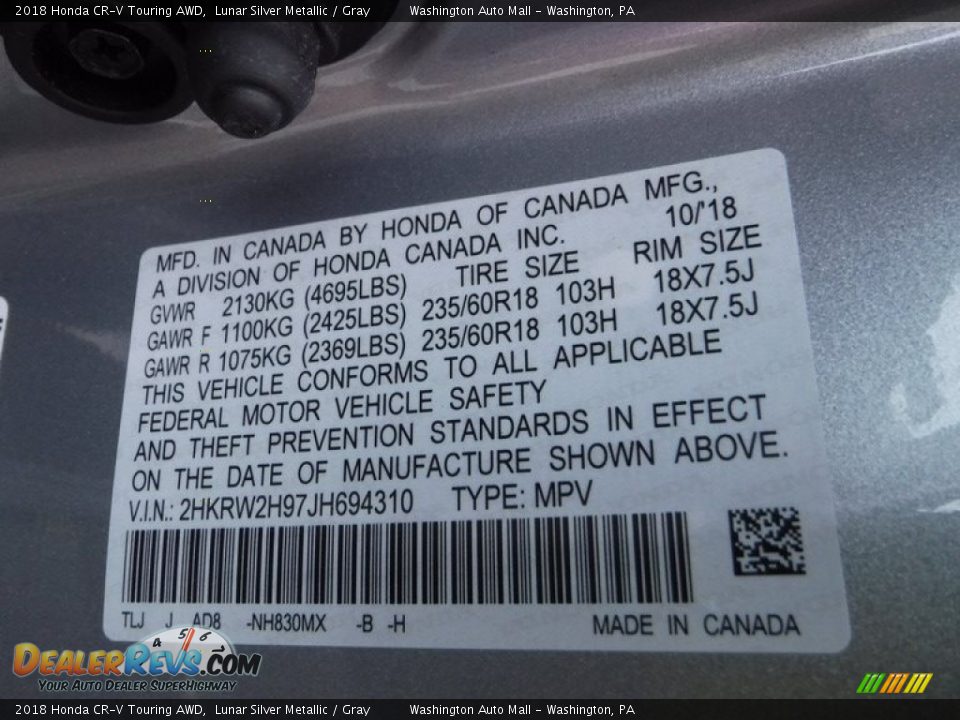 2018 Honda CR-V Touring AWD Lunar Silver Metallic / Gray Photo #35