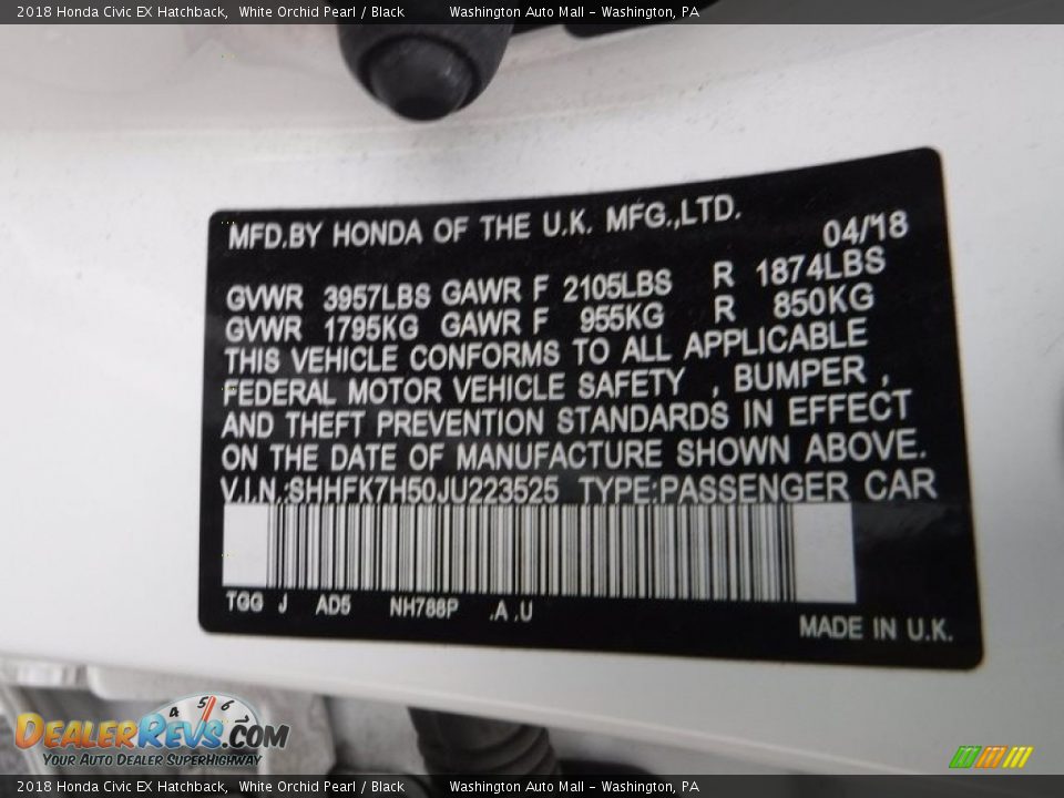 2018 Honda Civic EX Hatchback White Orchid Pearl / Black Photo #29