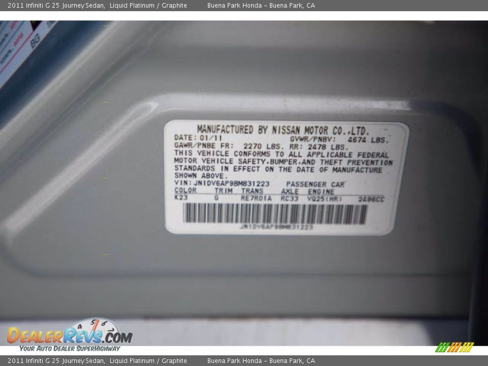 2011 Infiniti G 25 Journey Sedan Liquid Platinum / Graphite Photo #33