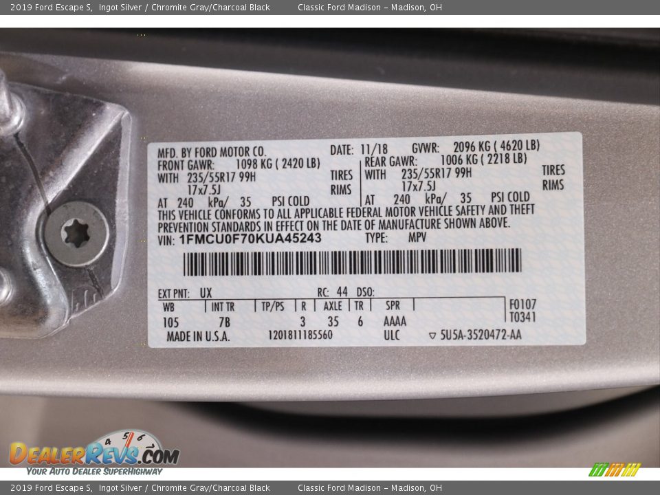 2019 Ford Escape S Ingot Silver / Chromite Gray/Charcoal Black Photo #19