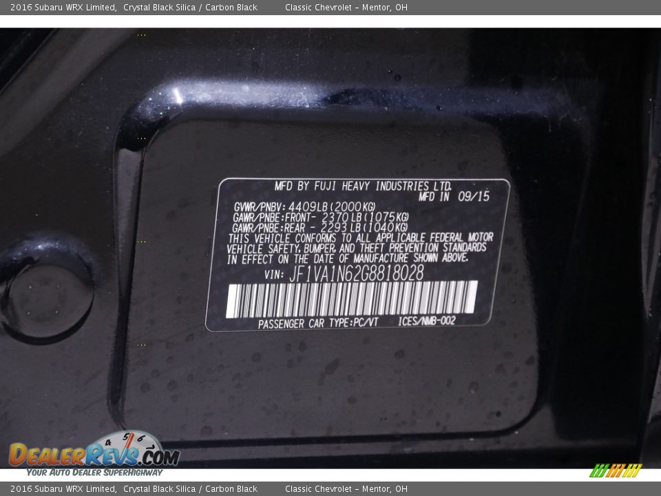 2016 Subaru WRX Limited Crystal Black Silica / Carbon Black Photo #24