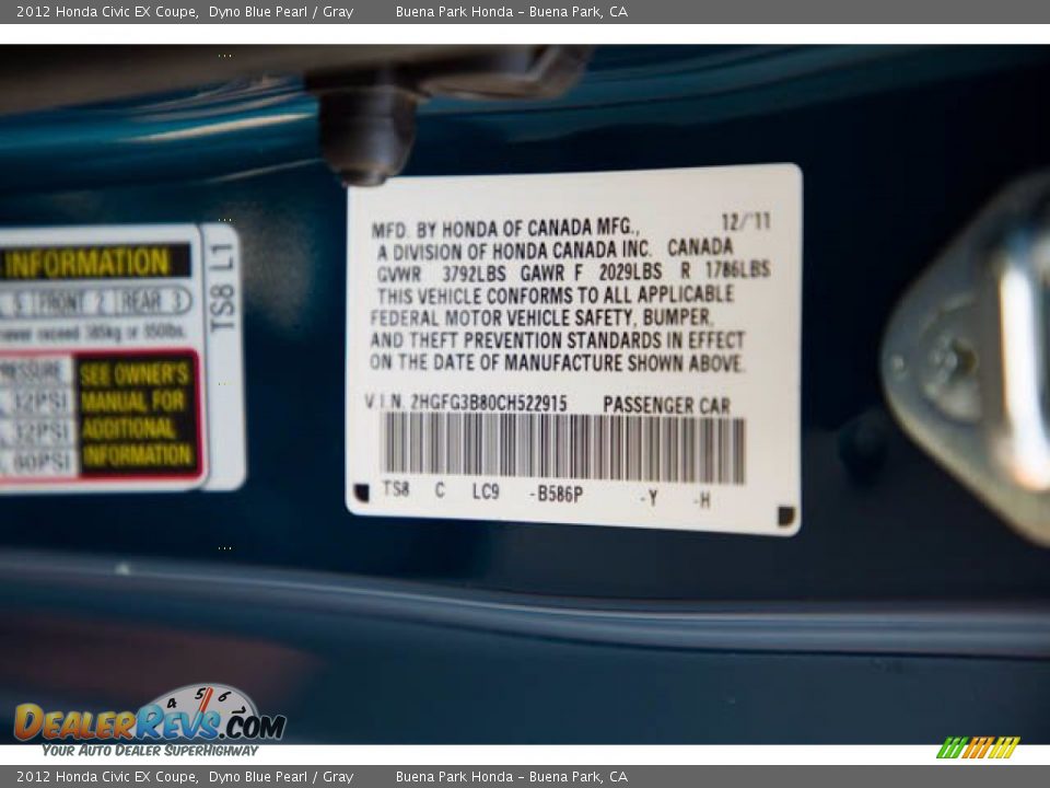 2012 Honda Civic EX Coupe Dyno Blue Pearl / Gray Photo #31