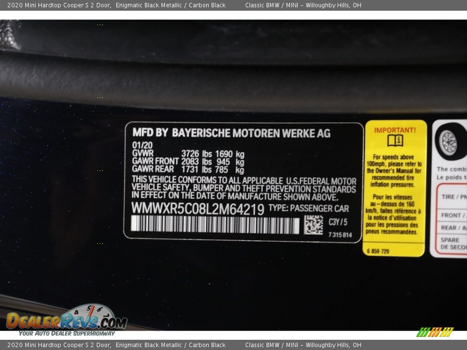 2020 Mini Hardtop Cooper S 2 Door Enigmatic Black Metallic / Carbon Black Photo #21