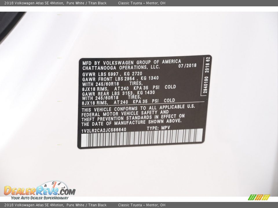 2018 Volkswagen Atlas SE 4Motion Pure White / Titan Black Photo #19