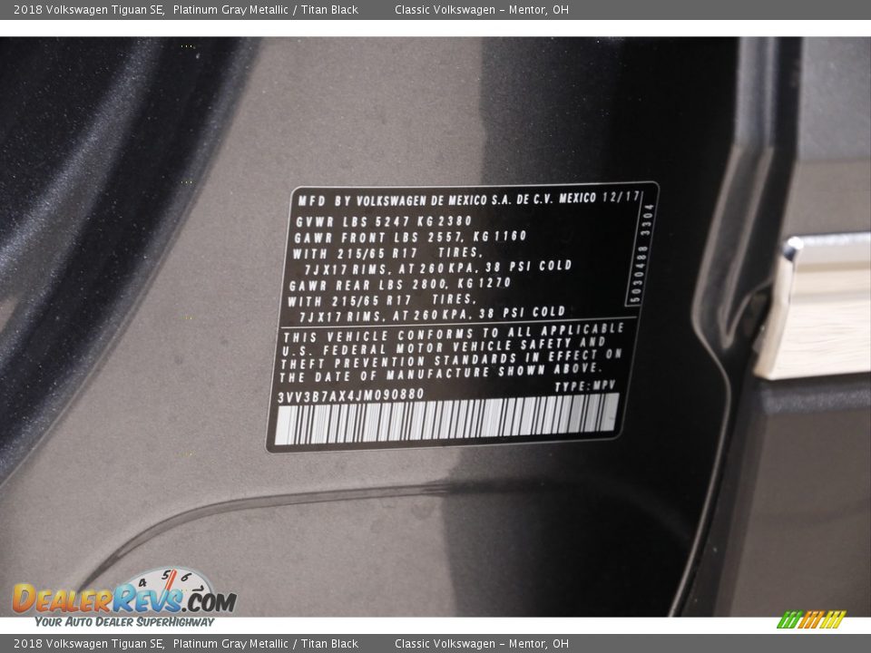 2018 Volkswagen Tiguan SE Platinum Gray Metallic / Titan Black Photo #19