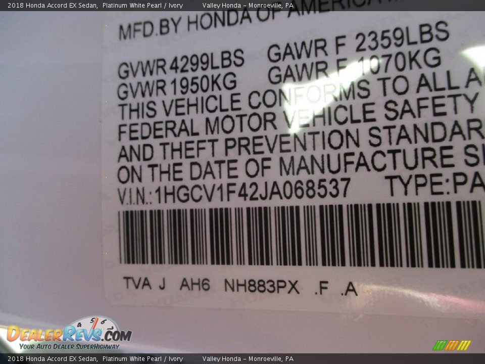 2018 Honda Accord EX Sedan Platinum White Pearl / Ivory Photo #19