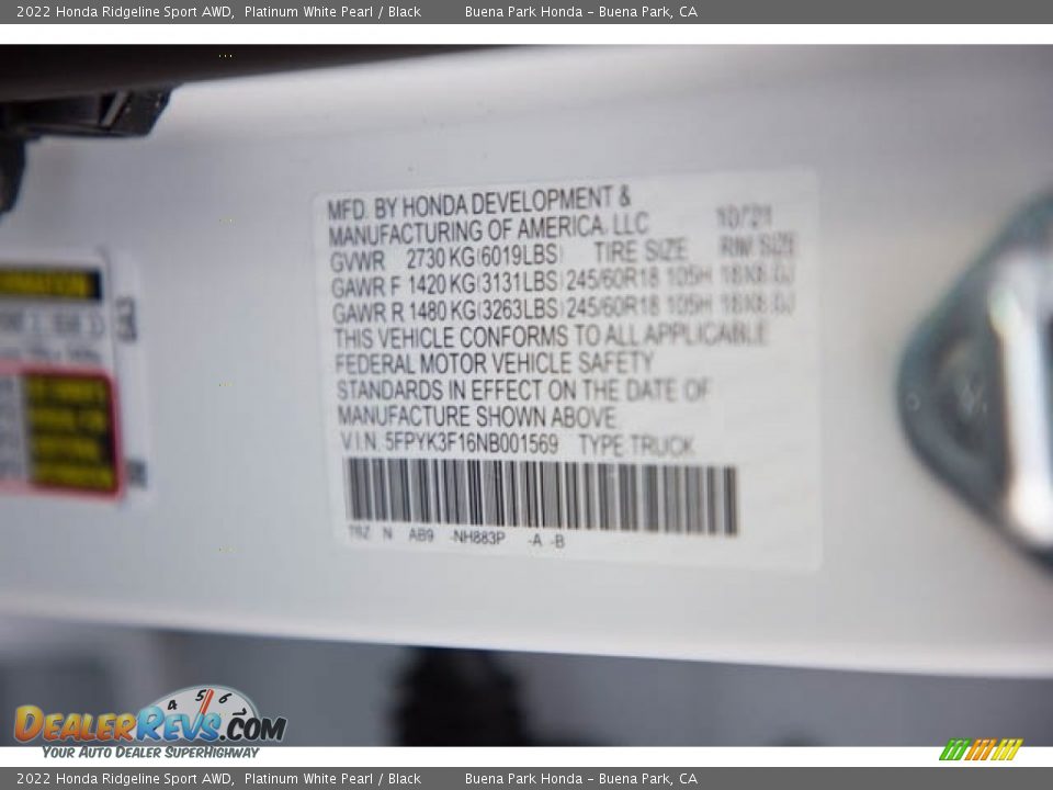 2022 Honda Ridgeline Sport AWD Platinum White Pearl / Black Photo #34