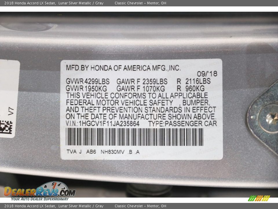 2018 Honda Accord LX Sedan Lunar Silver Metallic / Gray Photo #19
