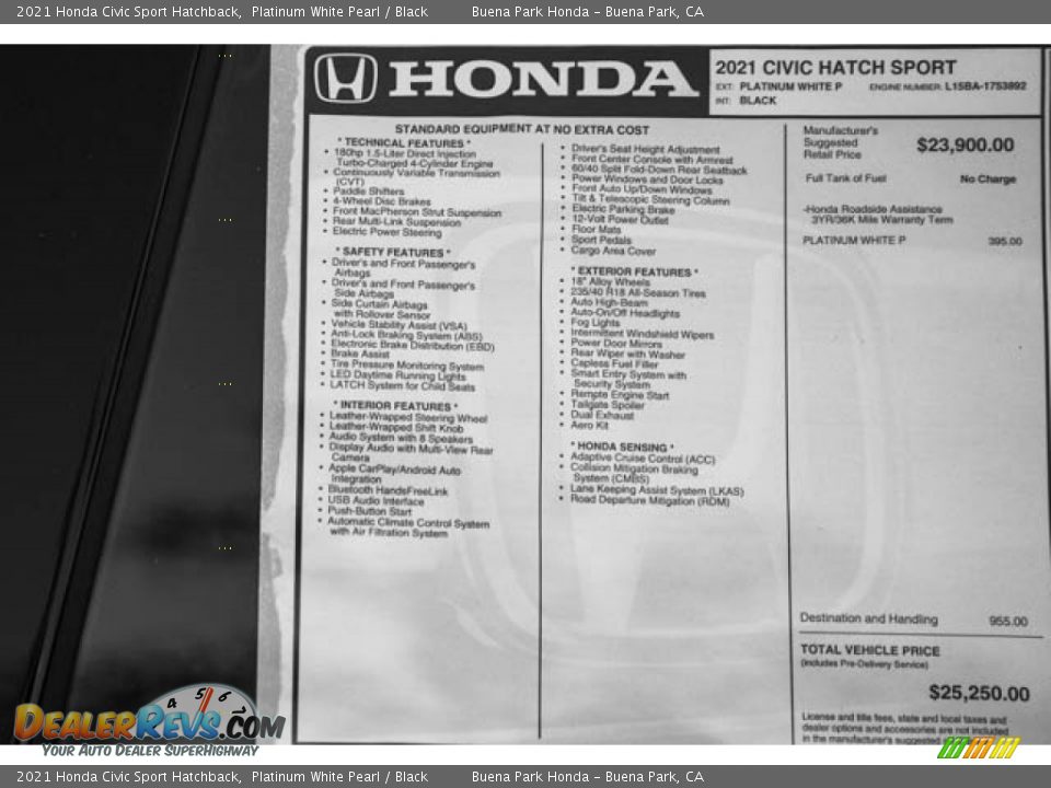 2021 Honda Civic Sport Hatchback Platinum White Pearl / Black Photo #36