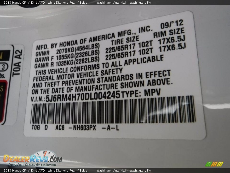 2013 Honda CR-V EX-L AWD White Diamond Pearl / Beige Photo #32