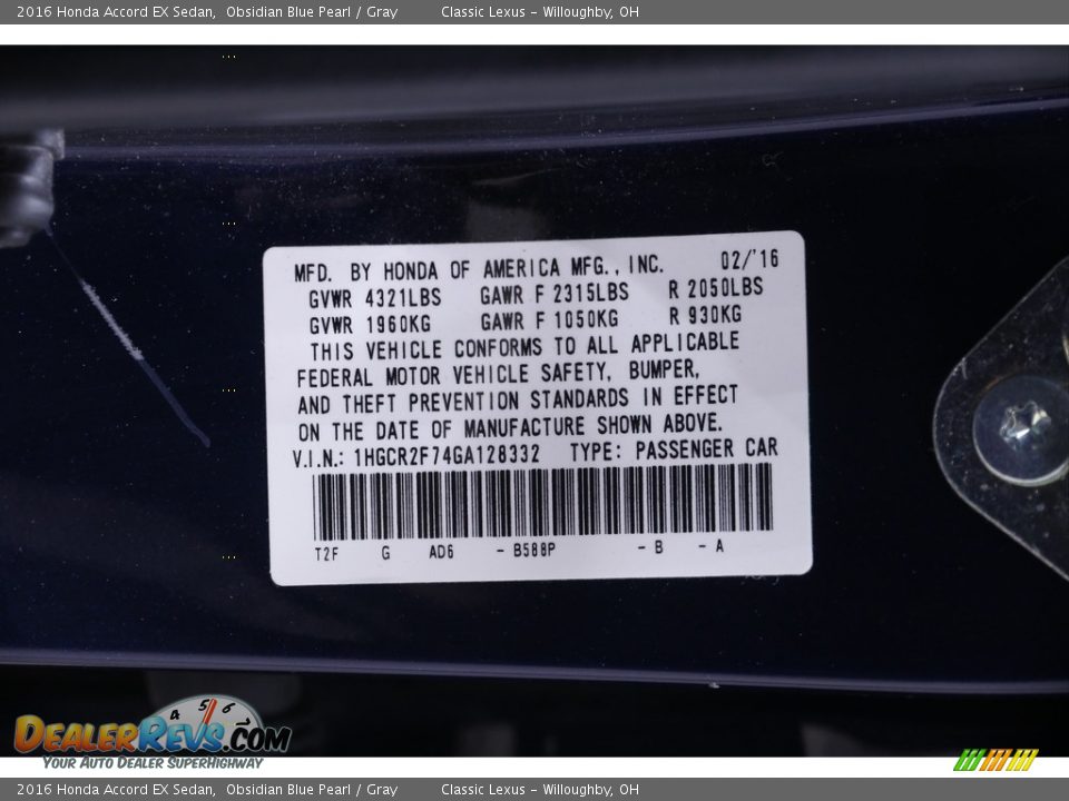 2016 Honda Accord EX Sedan Obsidian Blue Pearl / Gray Photo #26