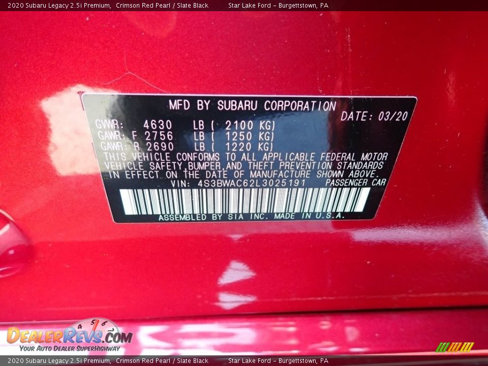 2020 Subaru Legacy 2.5i Premium Crimson Red Pearl / Slate Black Photo #14