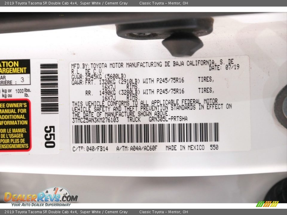 2019 Toyota Tacoma SR Double Cab 4x4 Super White / Cement Gray Photo #18