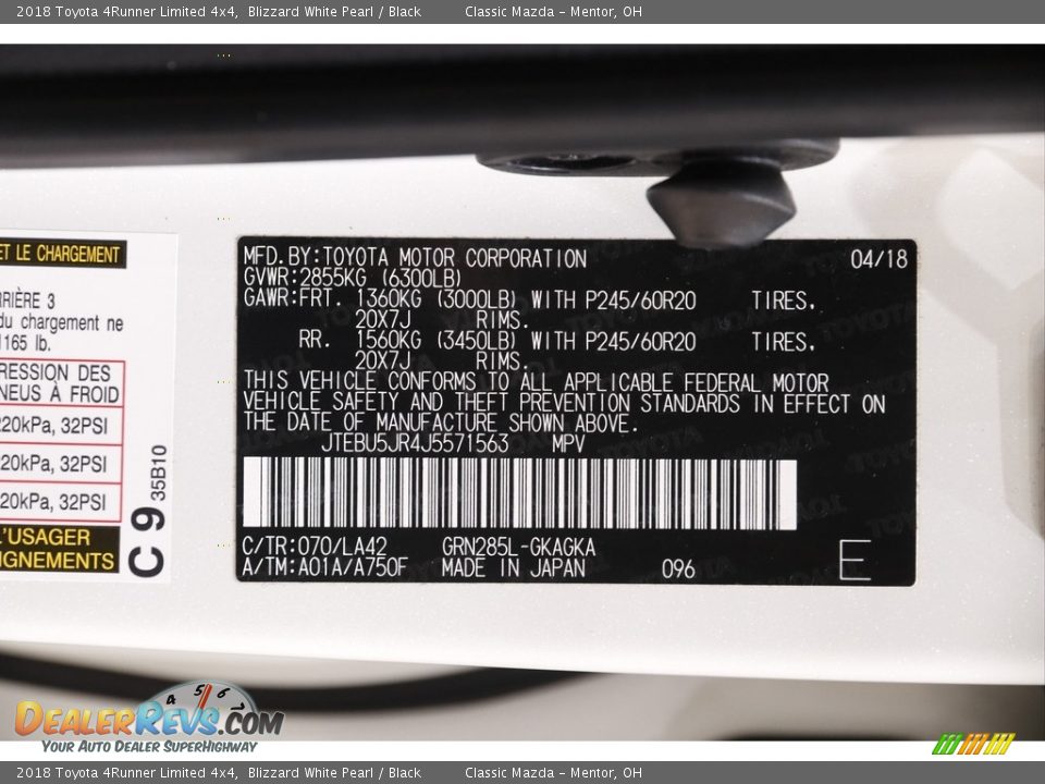 2018 Toyota 4Runner Limited 4x4 Blizzard White Pearl / Black Photo #21