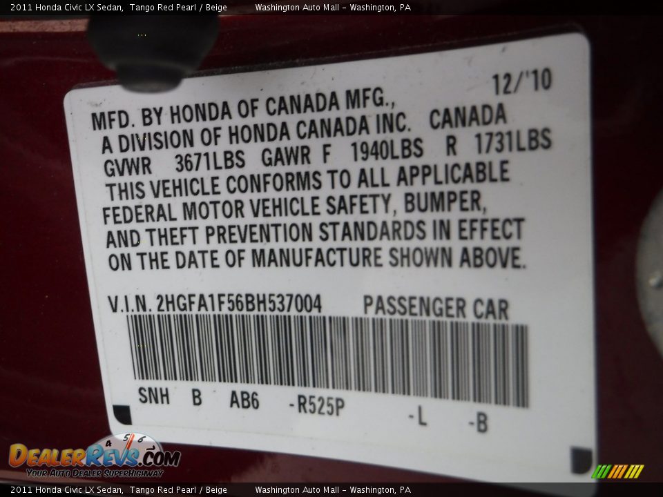 2011 Honda Civic LX Sedan Tango Red Pearl / Beige Photo #24