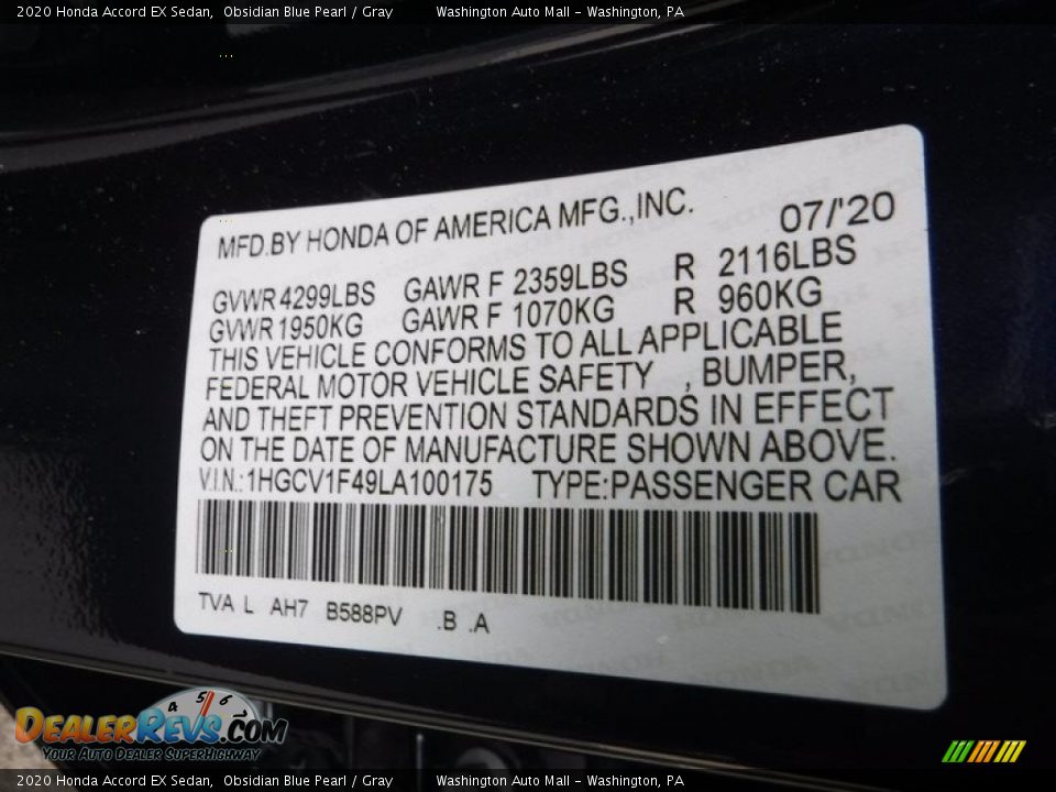 2020 Honda Accord EX Sedan Obsidian Blue Pearl / Gray Photo #32