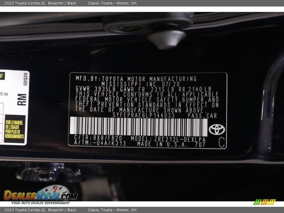 2020 Toyota Corolla LE Blueprint / Black Photo #18