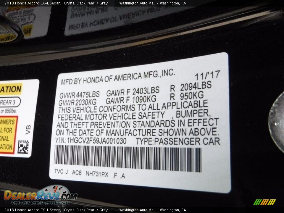 2018 Honda Accord EX-L Sedan Crystal Black Pearl / Gray Photo #32