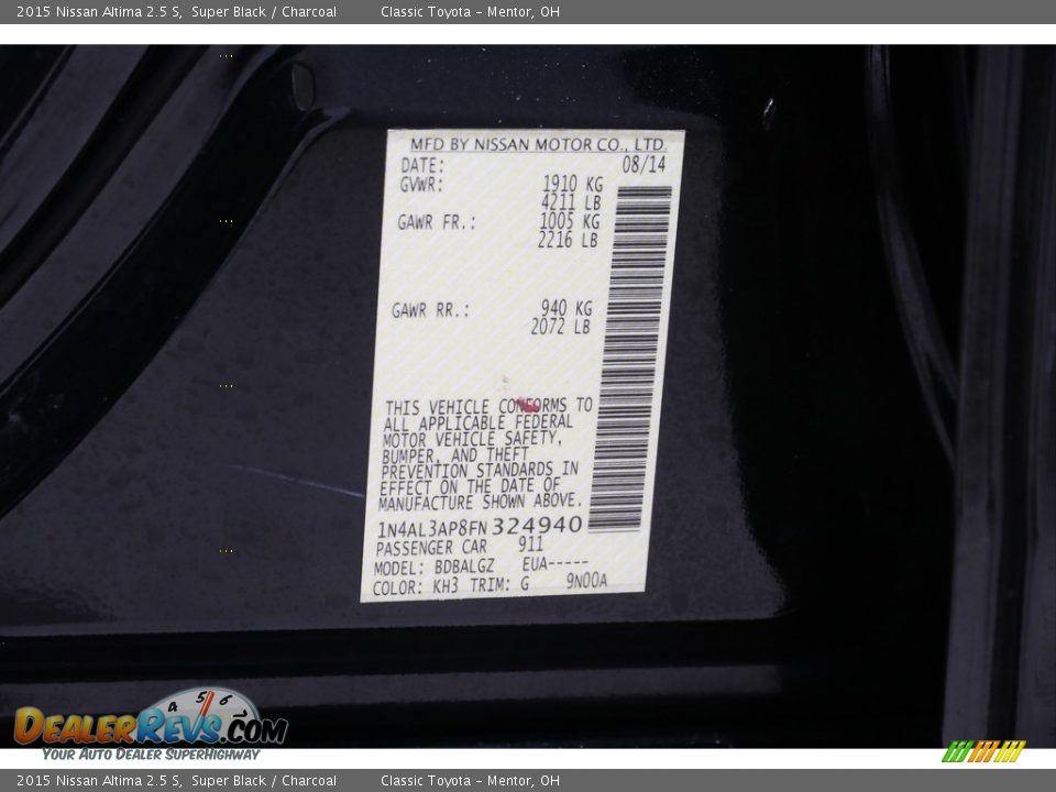 2015 Nissan Altima 2.5 S Super Black / Charcoal Photo #18