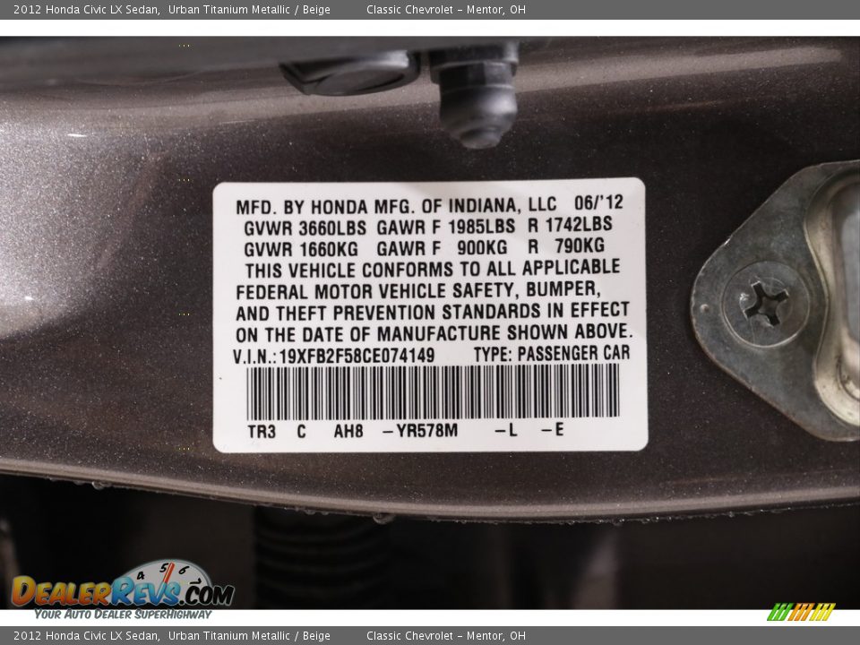 2012 Honda Civic LX Sedan Urban Titanium Metallic / Beige Photo #20