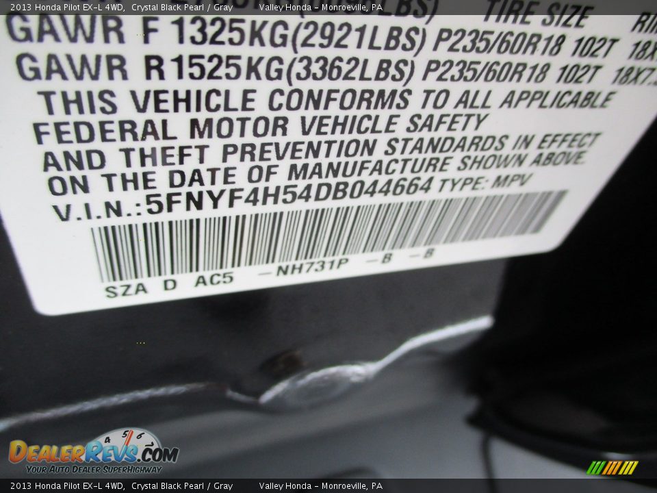 2013 Honda Pilot EX-L 4WD Crystal Black Pearl / Gray Photo #19