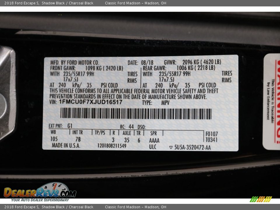 2018 Ford Escape S Shadow Black / Charcoal Black Photo #19