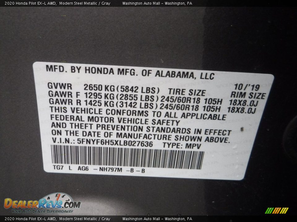 2020 Honda Pilot EX-L AWD Modern Steel Metallic / Gray Photo #34